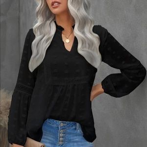 Black Lace Trim Swiss Dot Blouse Size XL